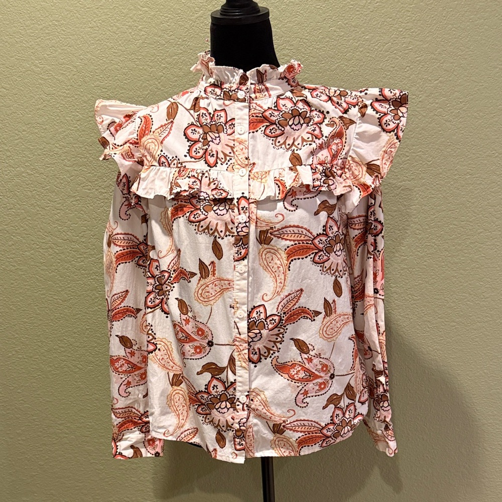 Floral Ruffle Blouse - Cream and Brown